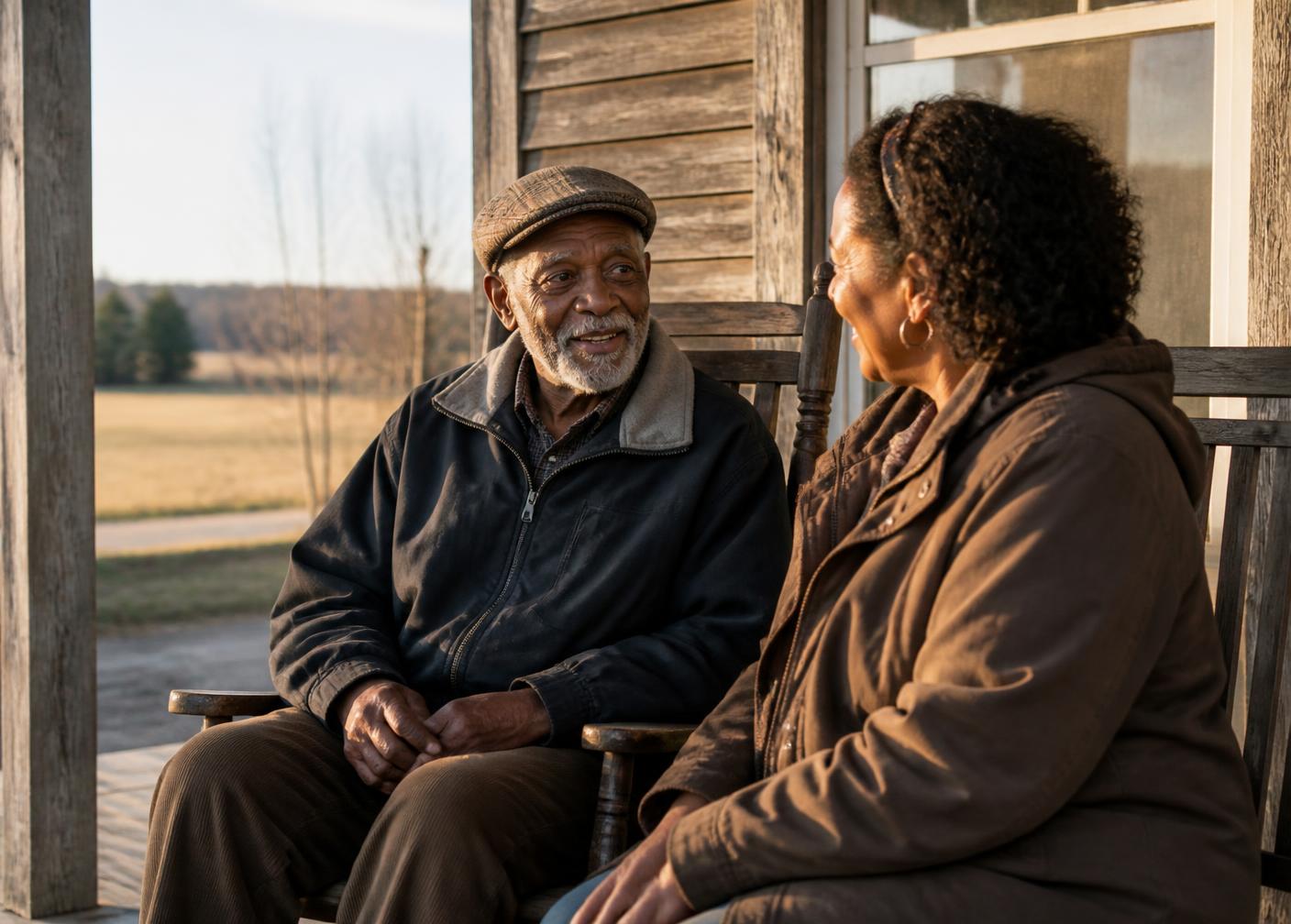 Stock placeholder: an older man and his adult daughter sitting together on a porch in rural Minnesota